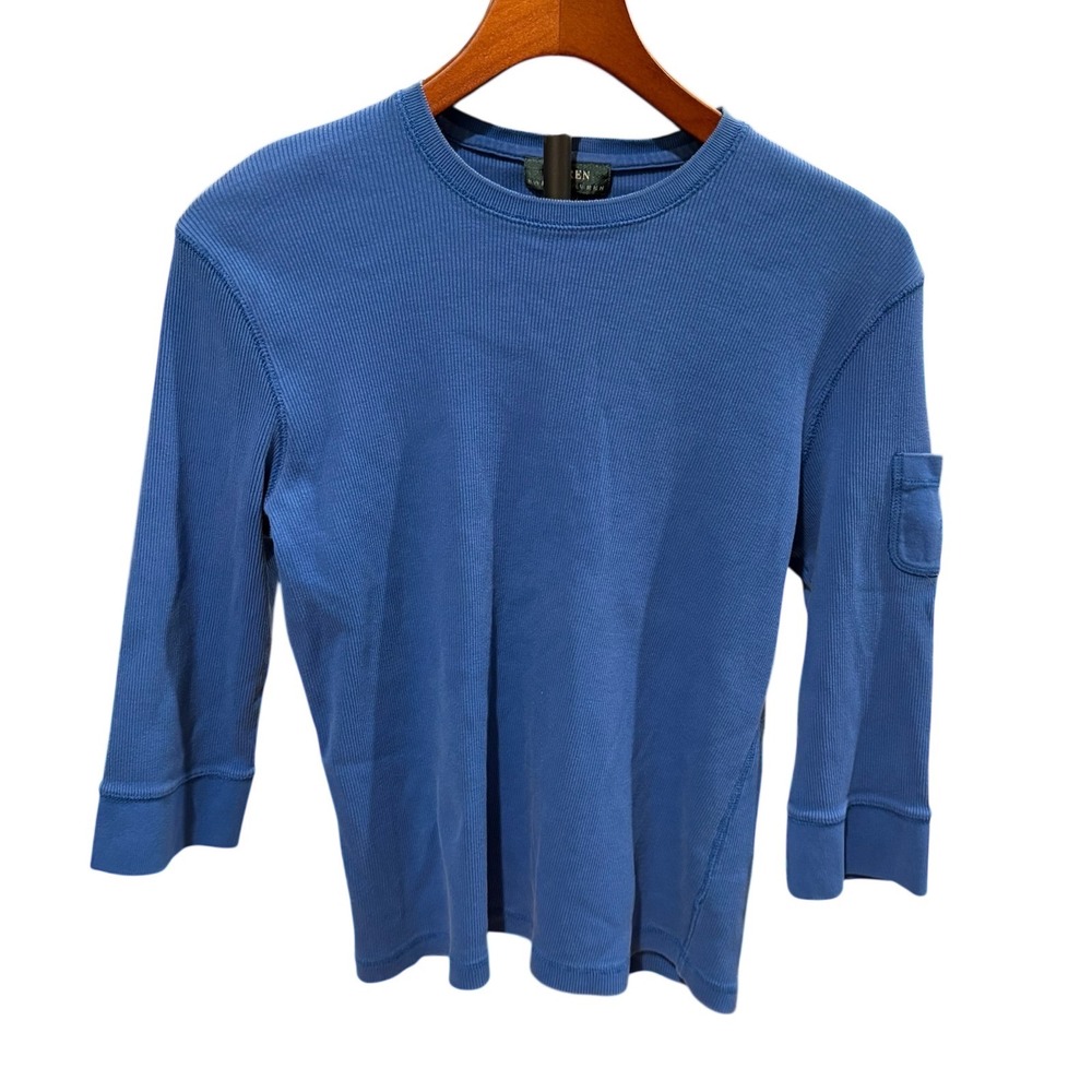 Vtg Ralph Lauren Women Blue Waffle Knit Pocket 3/4 Sleeve Top tag XL fits like L